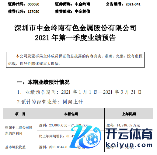 中金岭南2021年第一季度预测净利增长61.43%-89.5% 铅锌金属价钱高潮